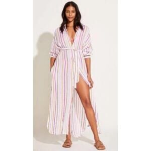 Vitamin A Playa 100% Linen Caftan Swim Coverup Dress Belted Sz S NWT